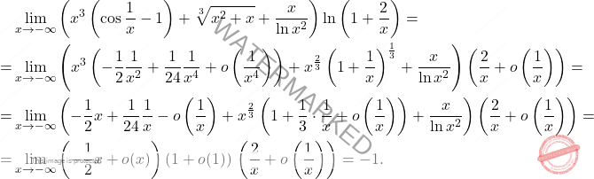\[\begin{aligned} & \lim_{x \to -\infty}\left(x^3 \left(\cos \dfrac{1}{x}-1\right)+\sqrt[3]{x^2+x} + \dfrac{x}{\ln x^2}\right) \ln\left(1+\dfrac{2}{x}\right) = \\ =&  \lim_{x \to -\infty} \left(x^3 \left(-\dfrac{1}{2} \dfrac{1}{x^2}+ \dfrac{1}{24} \dfrac{1}{x^4} + o\left(\dfrac{1}{x^4}\right) \right) + x^{\frac{2}{3}} \left(1+\dfrac{1}{x}\right)^{\frac{1}{3}} + \dfrac{x}{\ln x^2}\right) \left(\dfrac{2}{x}+o\left(\dfrac{1}{x}\right)\right) = \\ =&  \lim_{x \to -\infty} \left(-\dfrac{1}{2}x + \dfrac{1}{24} \dfrac{1}{x} - o\left(\dfrac{1}{x}\right) + x^{\frac{2}{3}} \left(1+\dfrac{1}{3} \cdot \dfrac{1}{x} + o \left(\dfrac{1}{x}\right)\right) + \dfrac{x}{\ln x^2}\right) \left(\dfrac{2}{x}+o\left(\dfrac{1}{x}\right)\right) = \\ =&  \lim_{x \to -\infty} \left(-\dfrac{1}{2}x+o(x)\right)(1+o(1)) \, \left(\dfrac{2}{x}+o\left(\frac{1}{x}\right)\right) = -1. \end{aligned}\]
