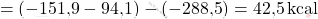 \[ = (-\text{151,9} - \text{94,1}) - (-\text{288,5}) = \text{\text{42,5}}  \, \text{kcal} \]