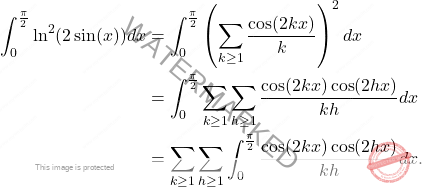 \begin{equation*} \begin{split} 		\int_{0}^{\frac{\pi }{2}}\ln ^{2}(2\sin (x))dx  		&= 		\int_{0}^{ 			\frac{\pi }{2}}\left( \sum_{k\geq 1}\frac{\cos (2kx)}{k}\right) 		^{2}dx \\ 		&= 		\int_{0}^{\frac{\pi }{2}}\sum_{k\geq 			1}\sum_{h\geq 1}\frac{\cos (2kx)\cos (2hx)}{kh}dx \\ 		&= 		\sum_{k\geq 1}\sum_{h\geq 1}\int_{0}^{\frac{\pi }{ 				2}}\frac{\cos (2kx)\cos (2hx)}{kh}dx. \end{split} \end{equation*}