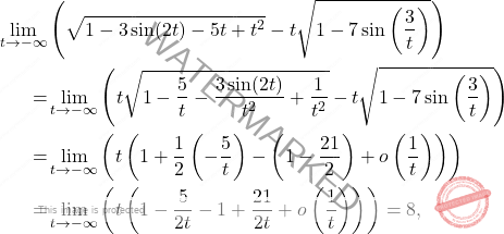 \[ \begin{aligned} \lim_{t \to -\infty} & \left( \sqrt{1 - 3 \sin(2t) - 5t + t^2} - t \sqrt{1 - 7 \sin\left( \frac{3}{t} \right)} \right) \\ = & \lim_{t \to -\infty} \left( t \sqrt{1 - \frac{5}{t} - \frac{3 \sin(2t)}{t^2} + \frac{1}{t^2}} - t \sqrt{1 - 7 \sin\left(\frac{3}{t}\right)} \right) \\ = & \lim_{t \to -\infty} \left( t \left( 1 + \frac{1}{2} \left( -\frac{5}{t} \right) - \left( 1 - \frac{21}{2} \right) + o\left(\frac{1}{t}\right) \right) \right) \\ = & \lim_{t \to -\infty} \left( t \left( 1 - \frac{5}{2t} - 1 + \frac{21}{2t} + o\left(\frac{1}{t}\right) \right) \right) = 8, \end{aligned} \]