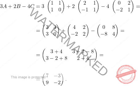 \[\begin{aligned} 3A +2B-4C & = 3 \;  \begin{pmatrix} 1&1\\ 1&0 \end{pmatrix} + 2\;\begin{pmatrix} 2&1\\ -1&1 \end{pmatrix} - 4\;\begin{pmatrix} 0&2\\-2&1 \end{pmatrix} = \\\\ & = \begin{pmatrix} 3&3\\ 3&0 \end{pmatrix} + \begin{pmatrix} 4&2\\ -2&2 \end{pmatrix} - \begin{pmatrix} 0&8\\-8&4 \end{pmatrix} =\\\\ & = \begin{pmatrix} 3+4 & 3+2-8\\ 3-2+8 & 2-4  \end{pmatrix} = \\\\ &= \begin{pmatrix} 7 & -3 \\ 9 & -2 \end{pmatrix}. \end{aligned}\]