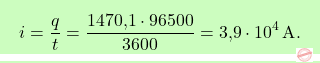 \[\boxcolorato{chimica}{ i = \frac{q}{t} = \frac{\text{1470,1} \cdot 96500}{3600} =\text{3,9}  \cdot 10^4 \, \text{A} .}\]