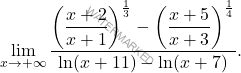 \[ \lim_{x \to +\infty} \frac{\left( \dfrac{x+2}{x+1} \right)^{\frac{1}{3}} - \left( \dfrac{x+5}{x+3} \right)^{\frac{1}{4}}}{\ln(x+11) - \ln(x+7)}. \]