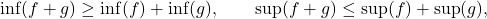 \[\inf (f+g) \geq \inf(f) + \inf(g) , \quad \quad \sup(f+g) \leq \sup(f)+\sup (g)  ,\]