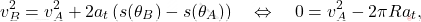 \begin{equation*} 	v_B^2 = v_A^2 + 2a_t\,(s(\theta_B) - s(\theta_A)) \quad \Leftrightarrow \quad 0 = v_A^2 - 2\pi R a_t, \end{equation*}
