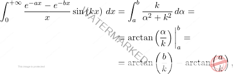 \begin{equation*} \begin{split} \int_{0}^{+\infty}\dfrac{e^{-a x}-e^{-bx}}{x}\sin\left(kx\right)\,dx &=\int_{a}^{b}\dfrac{k}{\alpha^2+k^2}\,d\alpha= \\ & = \arctan\left(\dfrac{\alpha}{k}\right)\bigg \vert^b_a= \\ &=\arctan\left(\dfrac{b}{k}\right)-\arctan\left(\dfrac{a}{k}\right), \end{split} \end{equation*}