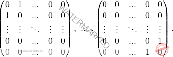 \[\begin{pmatrix} 0 & 1&...&0 & 0\\ 1 & 0&...&0 &0\\ \vdots&\vdots&\ddots&\vdots&\vdots\\ 0 & 0&...&0 &0\\ 0 & 0&...&0 &0\\ \end{pmatrix}, \text{  }... \text{  }, \begin{pmatrix} 0 & 0&...&0 & 0\\ 0 & 0&...&0 &0\\ \vdots&\vdots&\ddots&\vdots&\vdots\\ 0 & 0&...&0 &1\\ 0 & 0&...&1 &0\\ \end{pmatrix}.\]