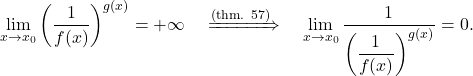 \begin{equation*} \lim_{x \to x_0} \left (\dfrac{1}{f(x)}\right )^{g(x)} = +\infty \quad \xRightarrow{\text{(thm. 57)}} \quad \lim_{x \to x_0} \dfrac{1}{\left (\dfrac{1}{f(x)}\right )^{g(x)}} = 0. \end{equation*}