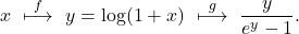 \begin{equation*} x \,\,\overset{f}{\longmapsto}\,\, y= \log(1+x) \,\,\overset{g}{\longmapsto}\,\, \frac{y}{e^y-1}. \end{equation*}