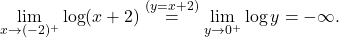 \begin{equation*} \lim_{x \to (-2)^+} \log(x+2) \overset{(y=x+2)}{=} \lim_{y \to 0^+} \log y = -\infty. \end{equation*}