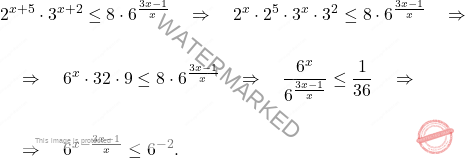\[\begin{aligned}  &	2^{x+5} \cdot 3^{x+2} \le 8 \cdot 6^{\frac{3x-1}{x}} \quad \Rightarrow \quad 2^x \cdot 2^5 \cdot 3^x \cdot 3^2 \le 8  \cdot 6^{\frac{3x-1}{x}} \quad \Rightarrow \quad \\\\ & \quad \Rightarrow \quad 6^x \cdot 32 \cdot 9 \le 8  \cdot 6^{\frac{3x-1}{x}} \quad \Rightarrow \quad \dfrac{6^x}{6^{\frac{3x-1}{x}}} \le \dfrac{1}{36} \quad \Rightarrow \quad\\\\ & \quad \Rightarrow \quad 6^{x - \frac{3x-1}{x}} \le 6^{-2}. \end{aligned}\]