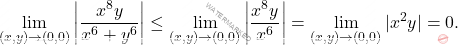 \begin{equation*} \lim_{(x,y) \to (0, 0)} \bigg \lvert \frac{x^8 y}{x^6 + y^6} \bigg \rvert \leq   \lim_{(x,y) \to (0, 0)}  \bigg \lvert  \frac{x^8 y}{x^6}  \bigg \lvert  = \lim_{(x,y) \to (0, 0)} |x^2 y|=0   . \end{equation*}