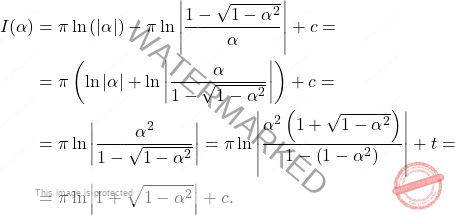 \[\begin{aligned} 	I(\alpha)&=\pi \ln\left(\left \vert \alpha\right \vert\right)-\pi\ln \left \vert \dfrac{1-\sqrt{1-\alpha^2}}{\alpha}\right\vert+c=\\ 	&=\pi\left(\ln \left \vert \alpha \right \vert +\ln \left \vert \dfrac{\alpha}{1-\sqrt{1-\alpha^2}}\right\vert\right)+c=\\ 	&=\pi\ln\left \vert \dfrac{\alpha^2}{1-\sqrt{1-\alpha^2}}\right \vert=\pi \ln \left \vert\dfrac{\alpha^2\left(1+\sqrt{1-\alpha^2}\right)}{1-\left(1-\alpha^2\right)} \right \vert+t=\\ 	&=\pi\ln \left \vert 1+\sqrt{1-\alpha^2}\right \vert+c. \end{aligned}\]