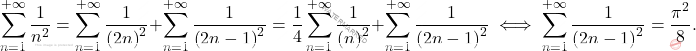 \[\sum_{n=1}^{+\infty}\dfrac{1}{n^2}=\sum_{n=1}^{+\infty}\dfrac{1}{\left(2n\right)^2}+\sum_{n=1}^{+\infty}\dfrac{1}{\left(2n-1\right)^2}=\dfrac{1}{4}\sum_{n=1}^{+\infty}\dfrac{1}{\left(n\right)^2}+\sum_{n=1}^{+\infty}\dfrac{1}{\left(2n-1\right)^2} 	\iff 	\sum_{n=1}^{+\infty}\dfrac{1}{\left(2n-1\right)^2}=\dfrac{\pi^2}{8}. 		\quad\]