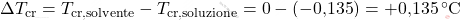 \Delta T_\text{cr} = T_\text{cr,solvente} - T_\text{cr,soluzione} = 0 - (-\text{0,135}) = +\text{0,135} \, ^\circ \text{C}