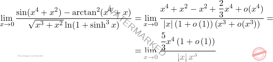 \[\begin{aligned} \displaystyle \lim_{x\to0}\dfrac{\sin (x^4+x^2)-\arctan^2 (x^4+x)}{\sqrt{x^3+x^2} \ln (1+\sinh^3x)}&= \lim_{x\to 0} \dfrac{x^4+ {x^2}-{x^2}+\dfrac{2}{3}x^4+o(x^4)}{\left \vert x\right \vert \left(1+o\left(1\right)\right)  	\left(x^3+o(x^3) \right)}=\\ &= \lim_{x\to 0} \dfrac{\dfrac{5}{3}x^4\left(1+o\left(1\right)\right)}{\left \vert x\right \vert x^3}. \end{aligned}\]
